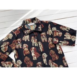 vtg Sara Studio black puppy dog cottagecore woven tapestry jacket‎ coat
